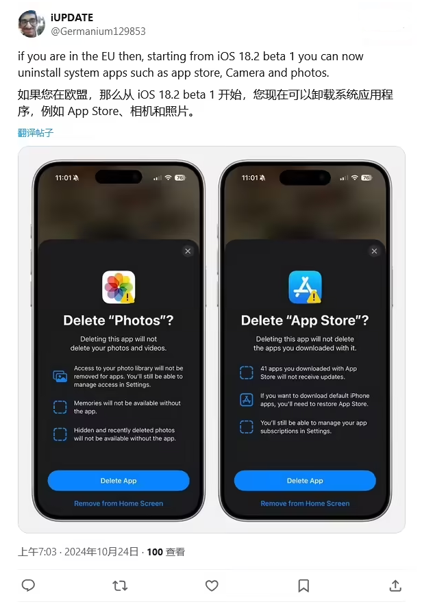 城子河苹果手机维修分享iOS 18.2 支持删除 App Store 应用商店 