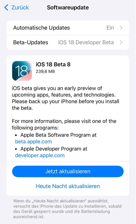 城子河苹果手机维修分享苹果 iOS / iPadOS 18 开发者预览版 Beta 8 发布 